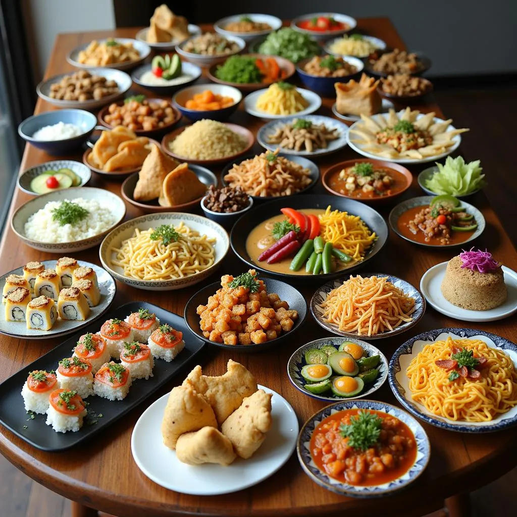 Colorful spread of international dishes