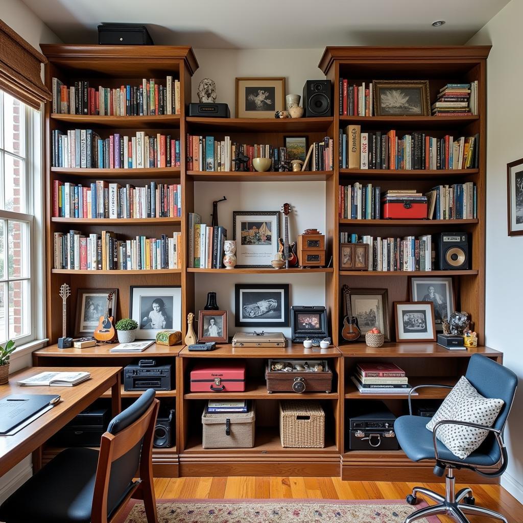 Diverse personal possessions displayed on shelves