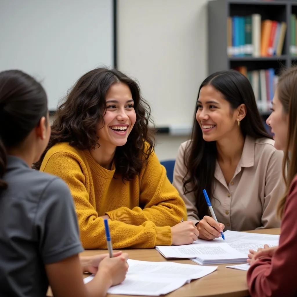 Students from diverse backgrounds interacting in a classroom