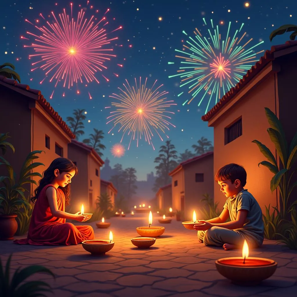 People lighting diyas and fireworks during Diwali