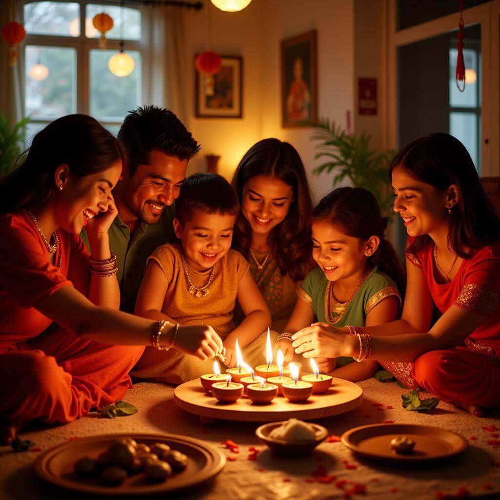 Diwali celebration with family lighting diyas