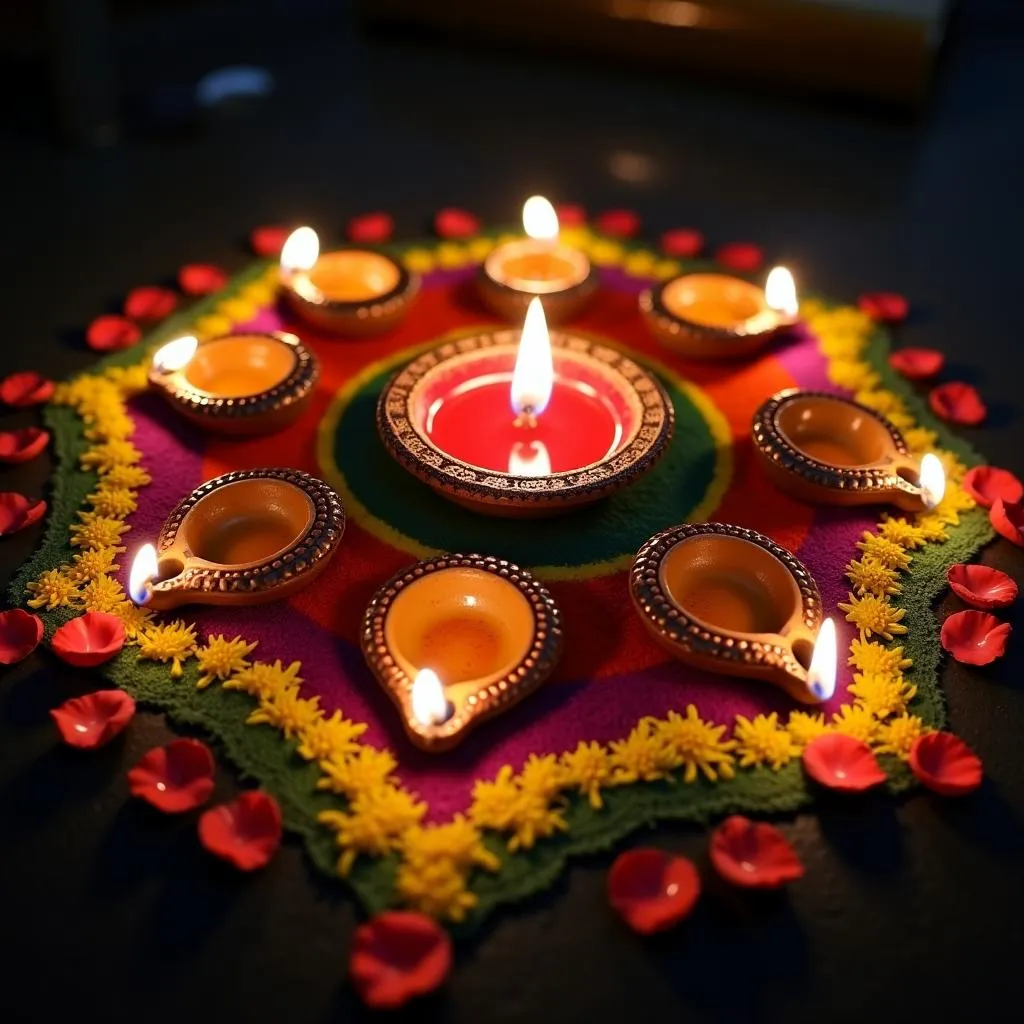 Diwali celebration with lit diyas