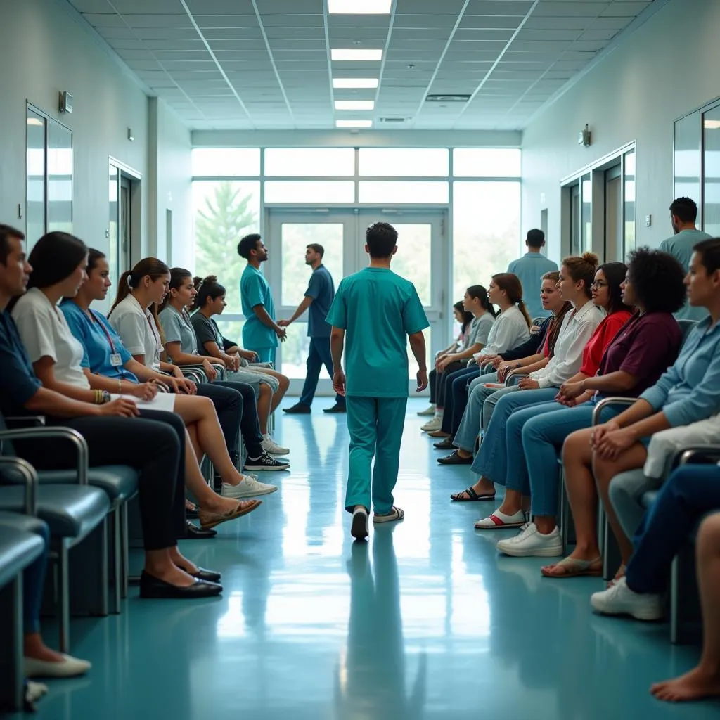 A crowded hospital waiting room with patients waiting for treatment