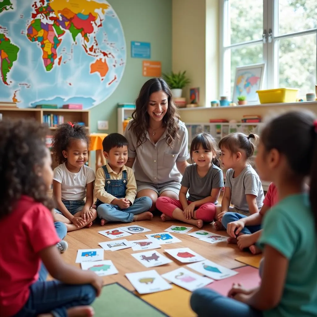 Young children learning foreign languages in a classroom