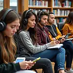 Students listening to educational podcasts on devices