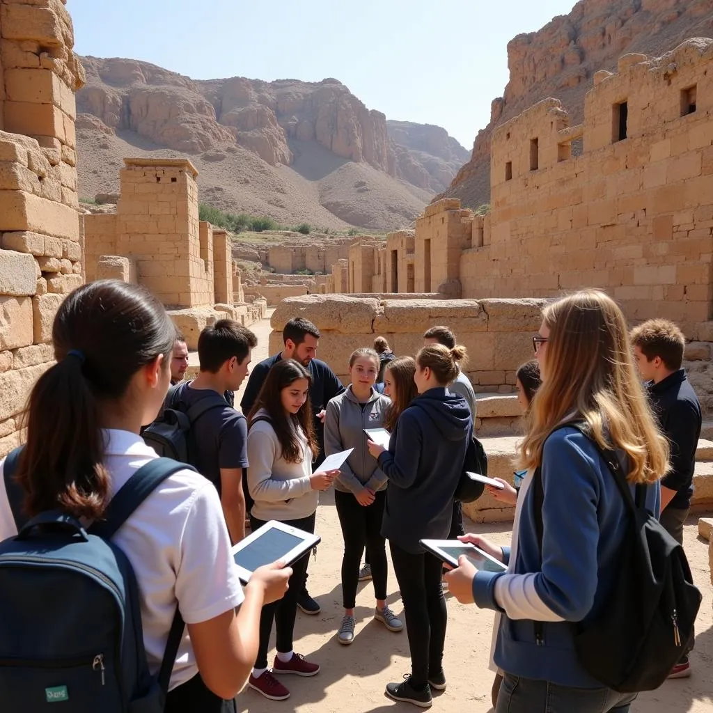 Students exploring historical site during educational trip