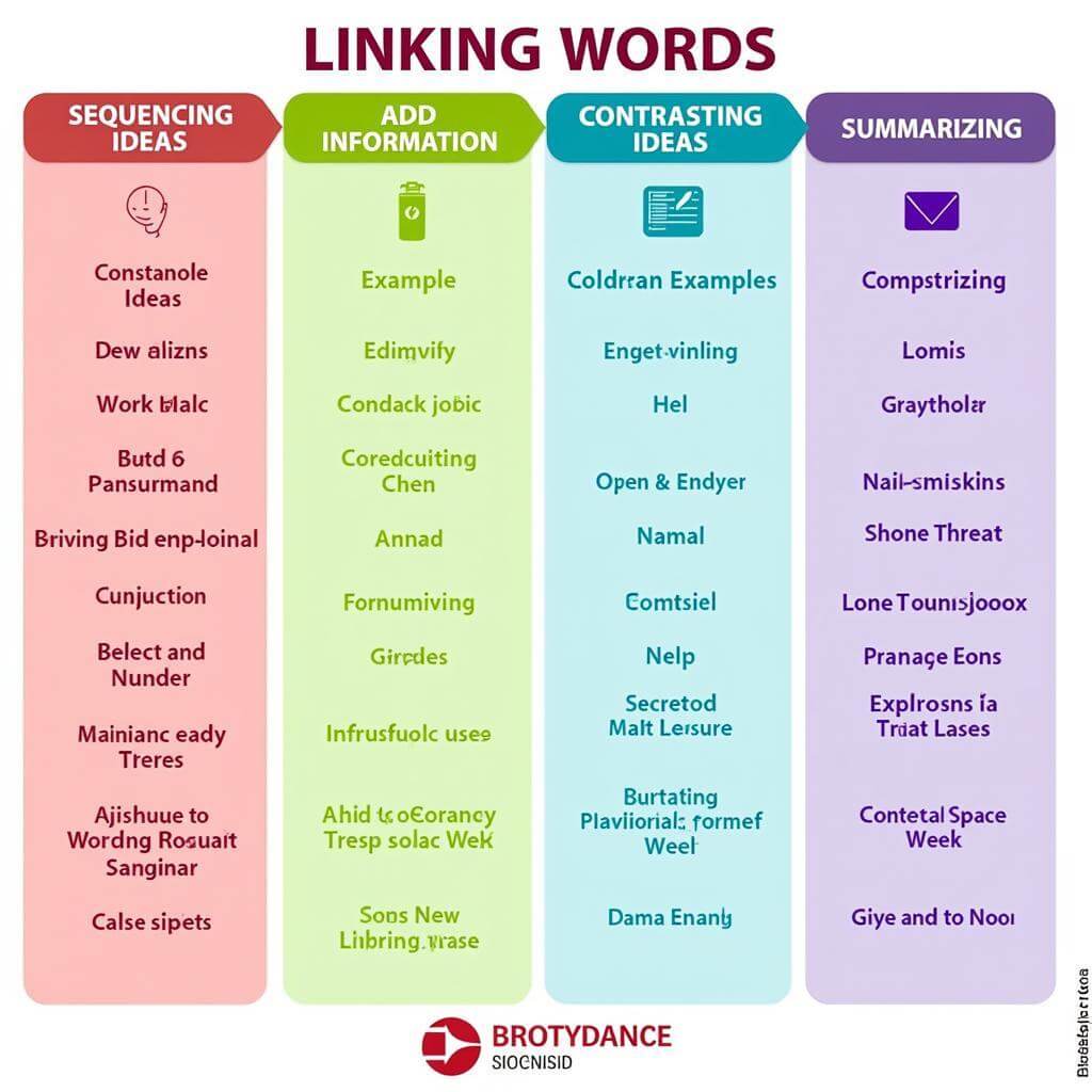 Infographic showing effective linking words for IELTS Speaking