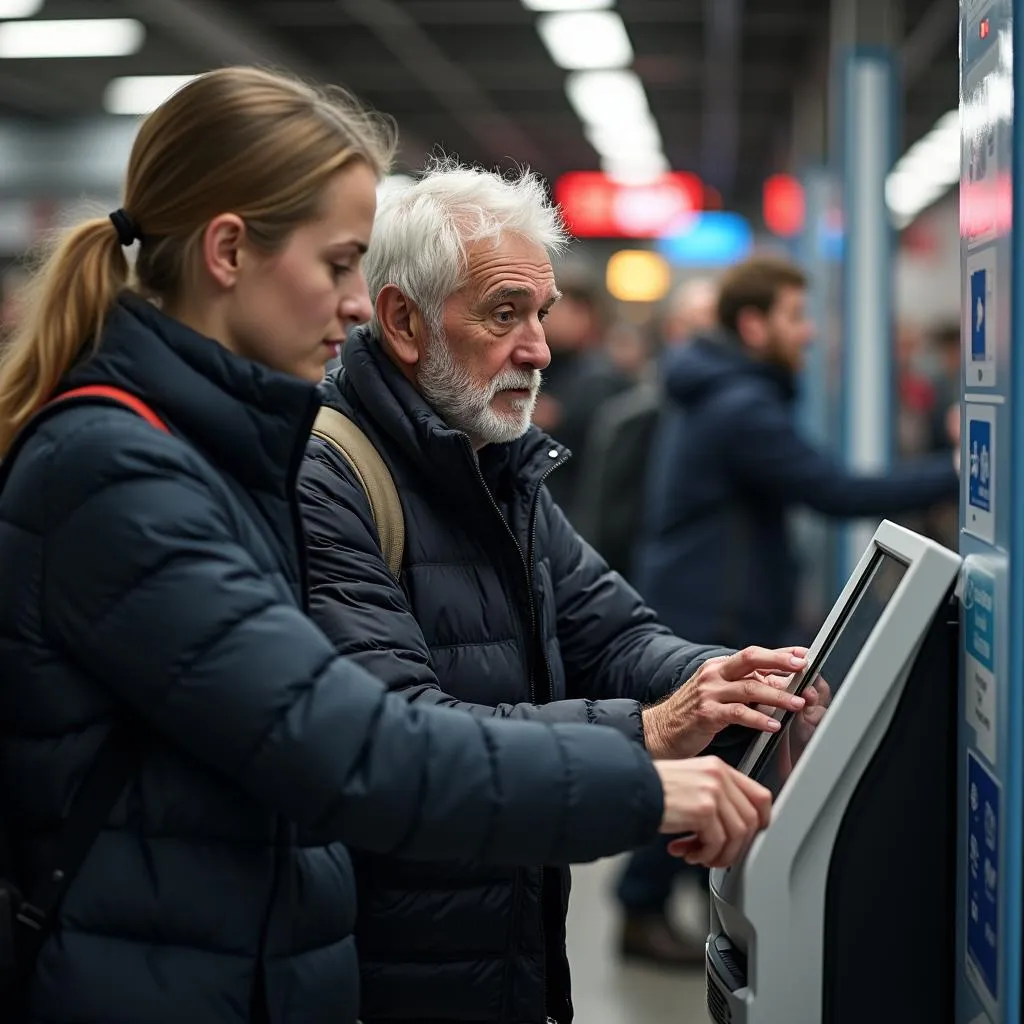 Helping elderly man at train station