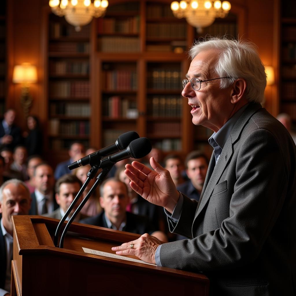 Elderly author speaking at literary festival