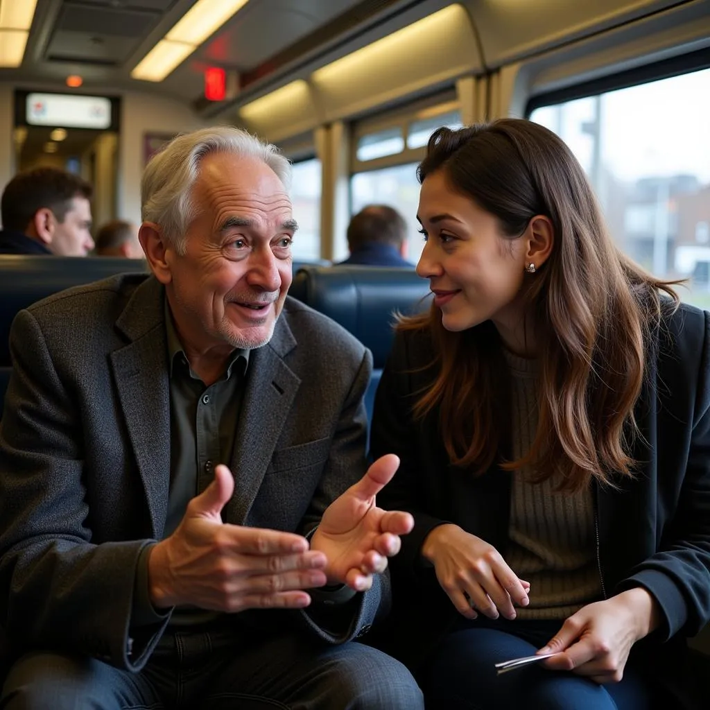 Elderly gentleman sharing stories on a train