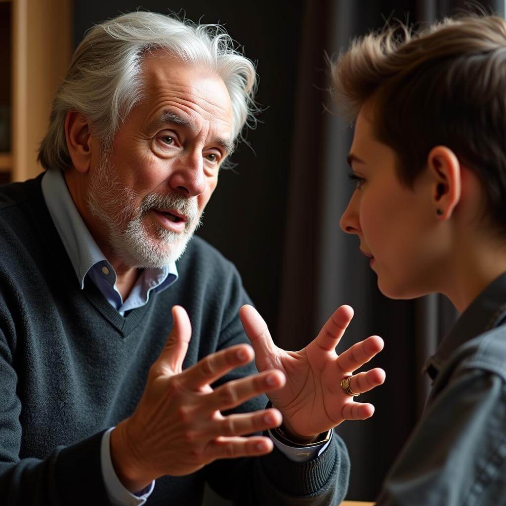 Elderly man sharing wisdom with young person