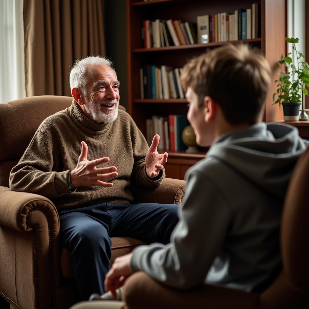 An elderly man sharing wisdom with his grandson