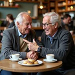 Elderly men discussing technology in a cafe