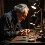 Elderly watchmaker working on intricate timepiece