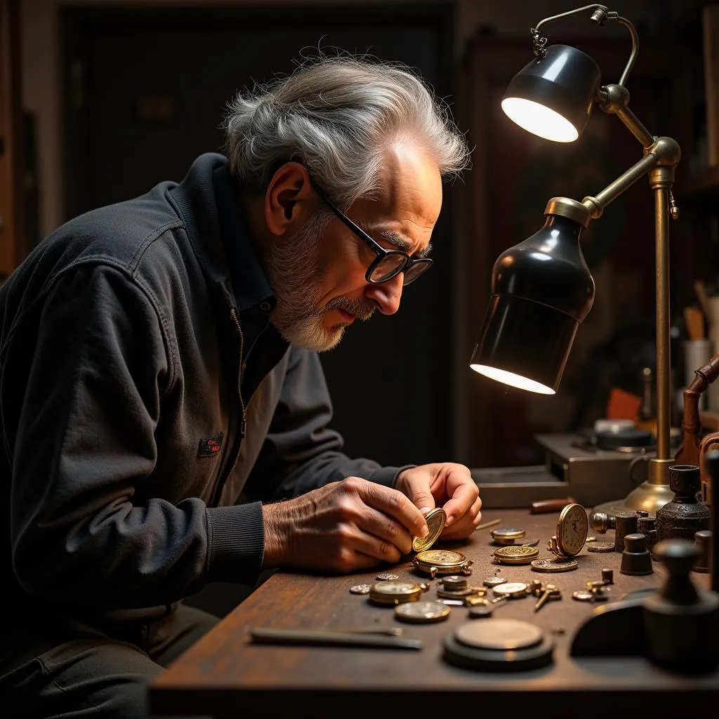 Elderly watchmaker working on intricate timepiece