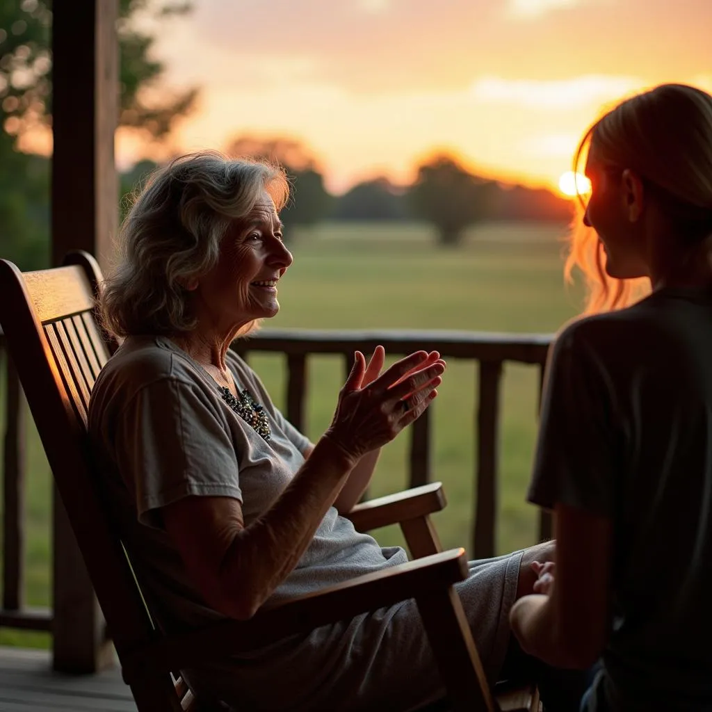 Elderly woman sharing stories on porch