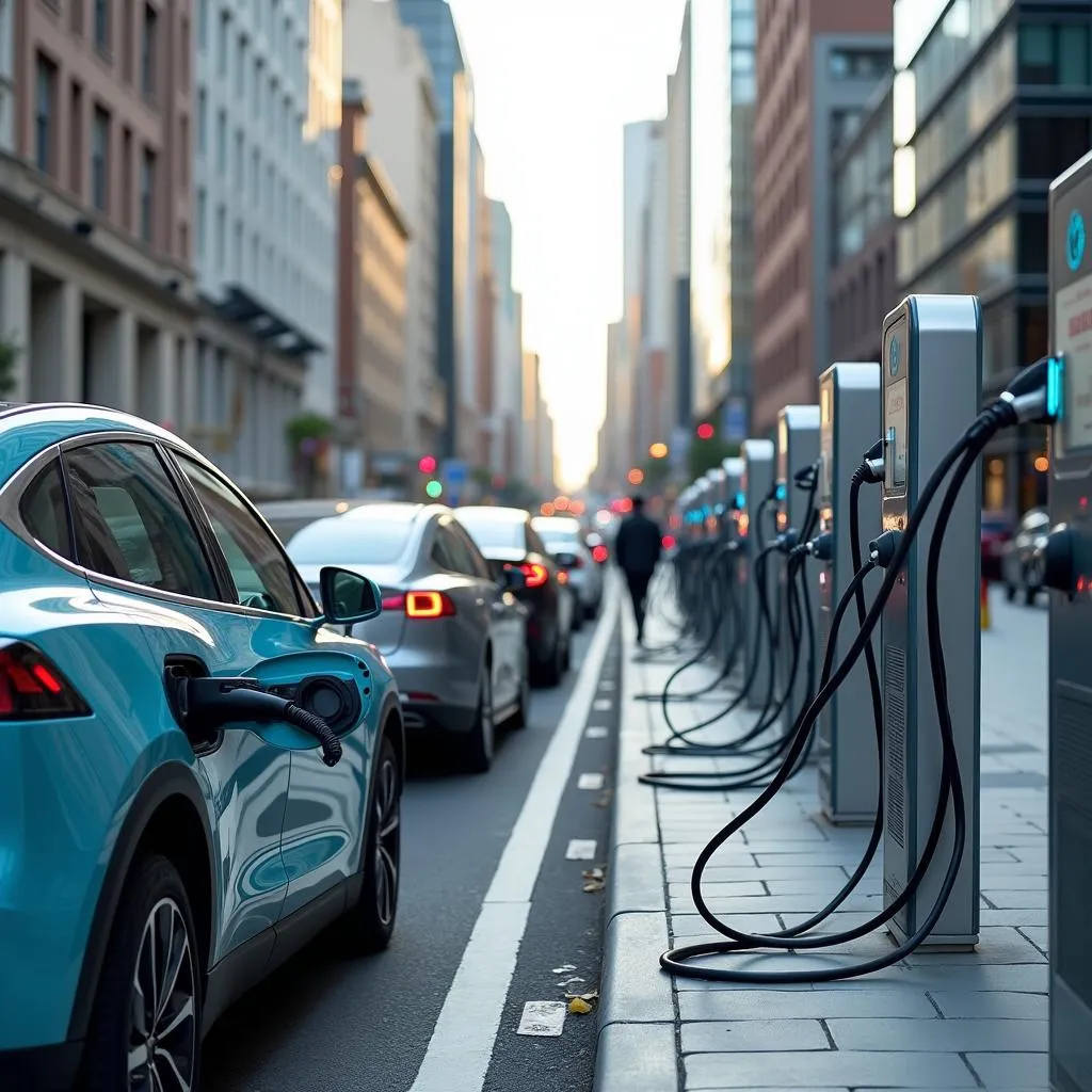 Electric car charging station in an urban setting