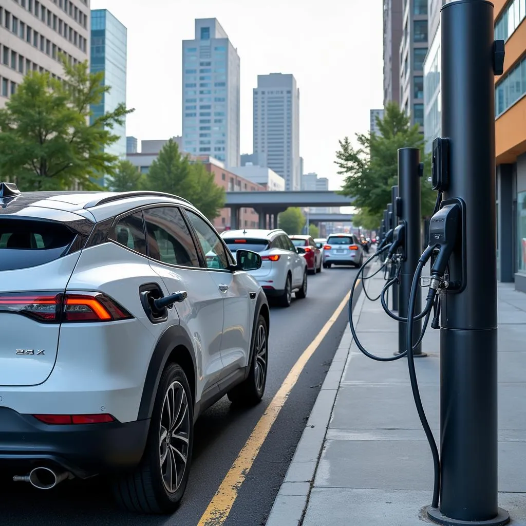 Electric car charging station in urban setting