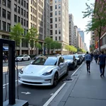 Electric cars at a charging station in an urban setting