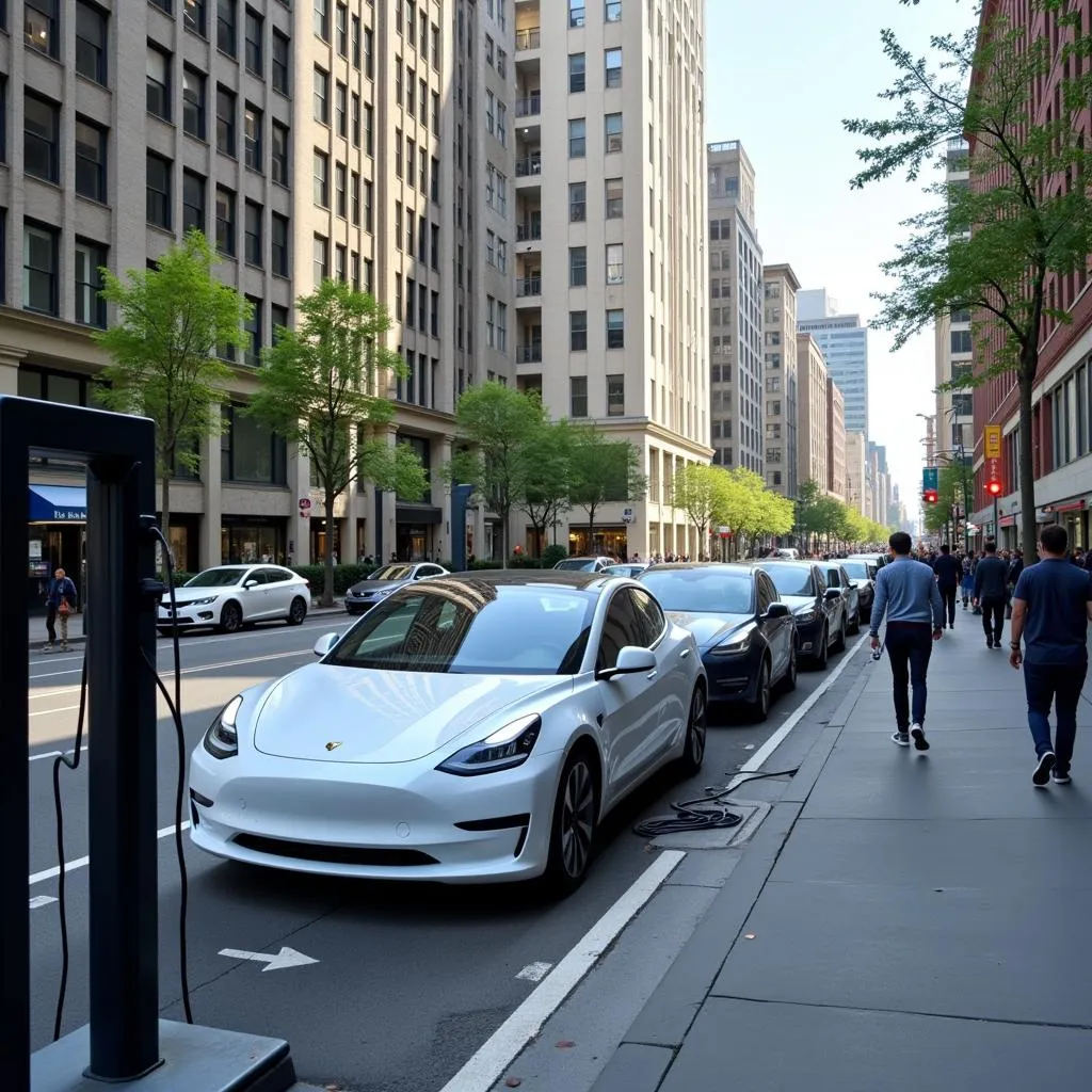 Electric cars at a charging station in an urban setting