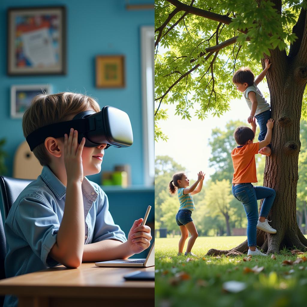 Children experiencing both modern technology and traditional outdoor activities