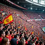 Excited football fans cheering in a packed stadium