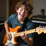 Excited musician playing electric guitar