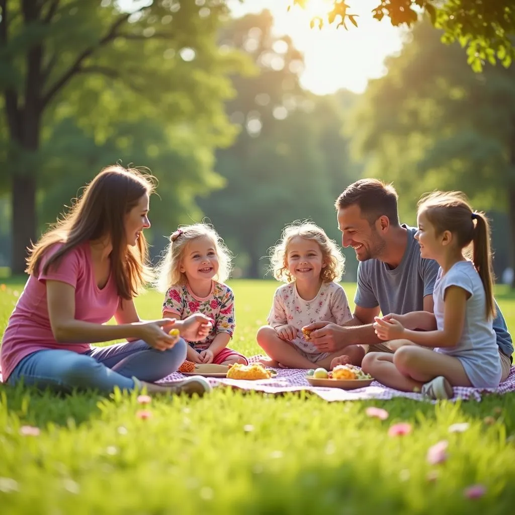 Families enjoying a picnic in a green park