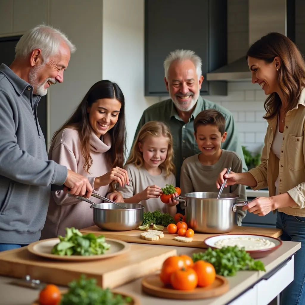 Family cooking together in kitchen