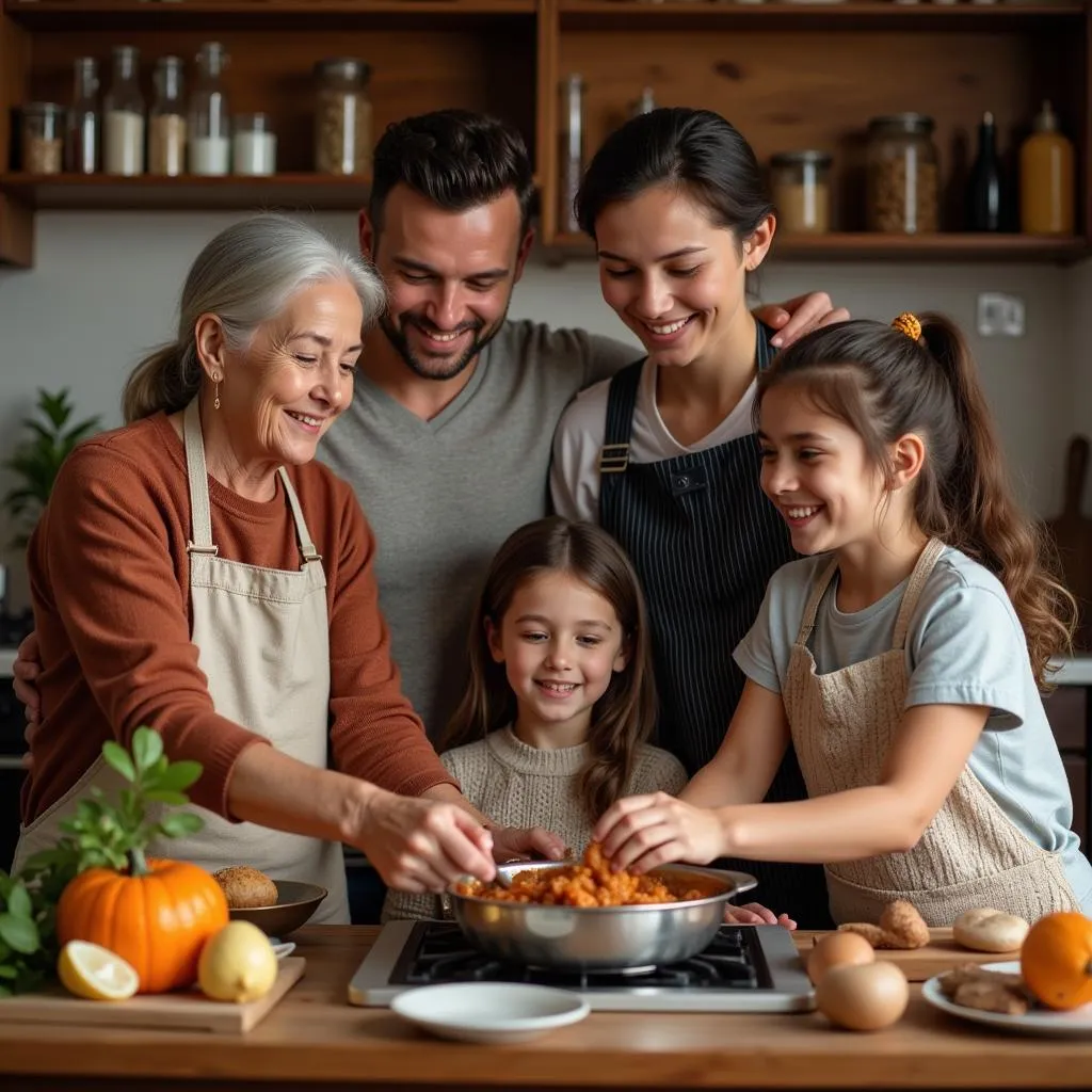 Family cooking a traditional dish together