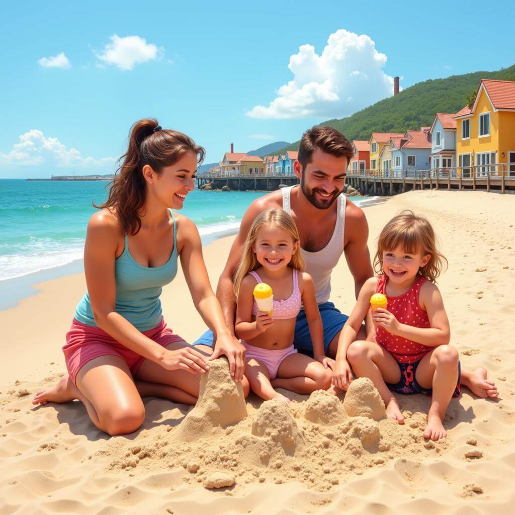 Family enjoying a day trip to a beach town