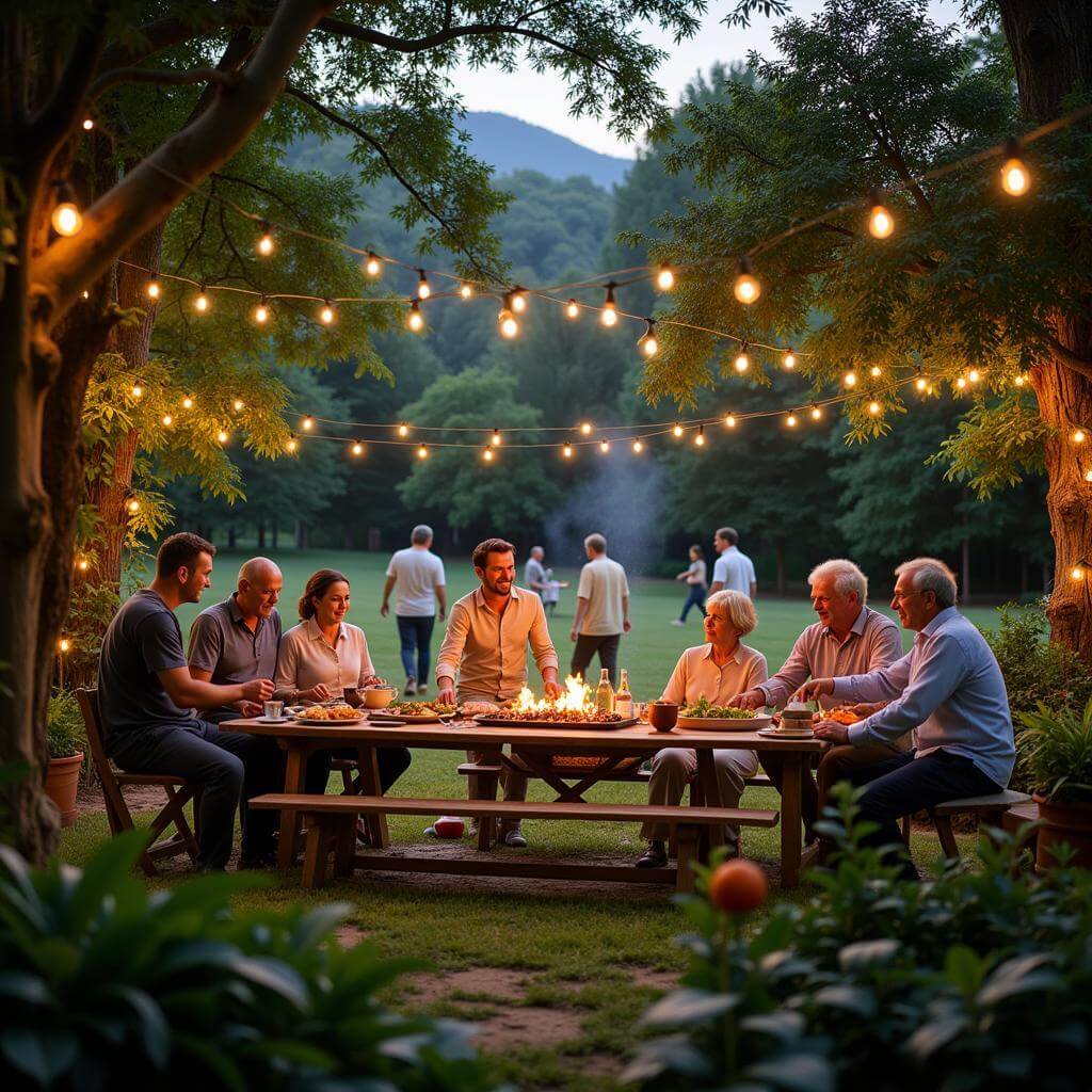 Family gathering outdoor celebration in countryside