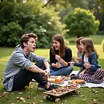 Family laughing at picnic after skateboard incident