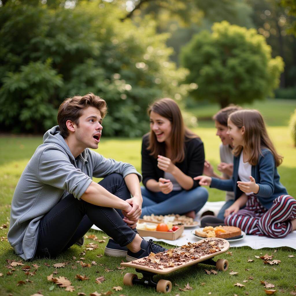 Family laughing at picnic after skateboard incident