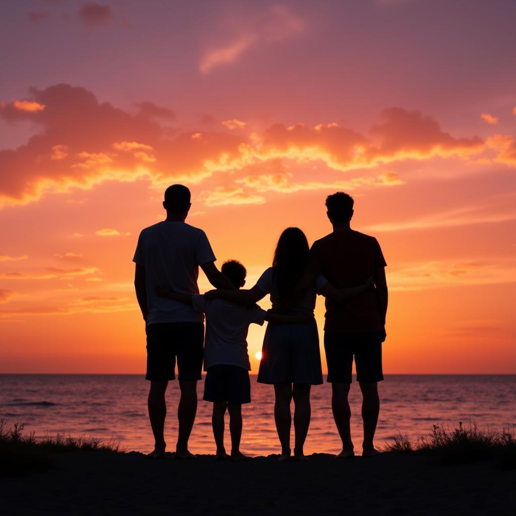 Family marveling at a beautiful sunset