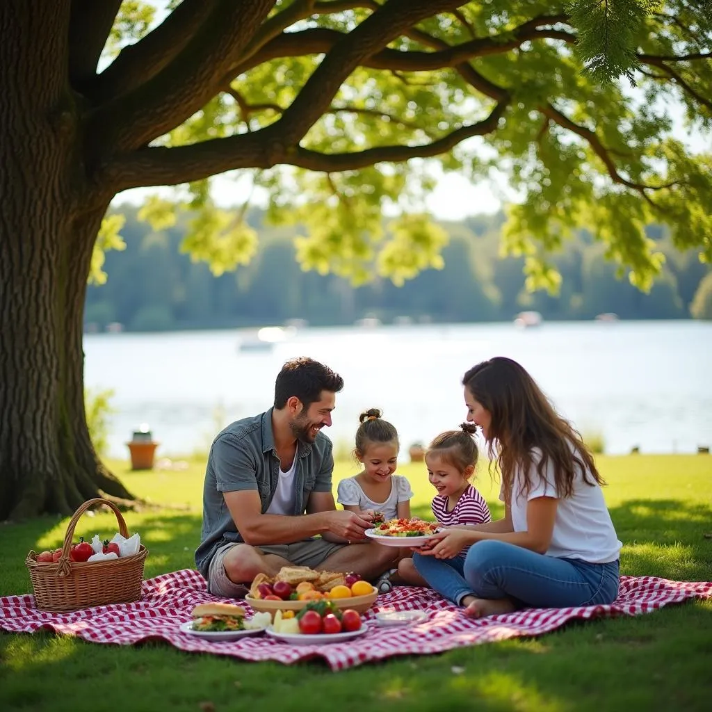 Family enjoying a picnic by a serene lake