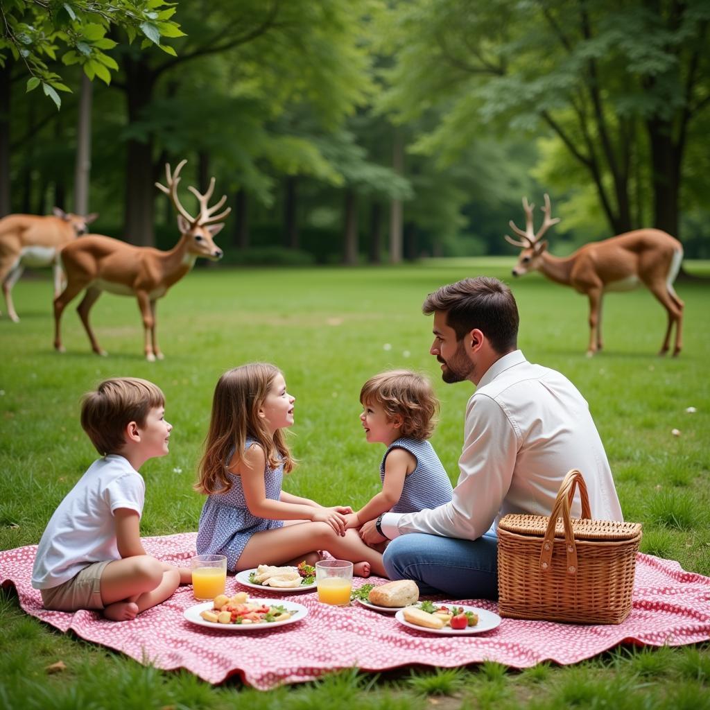 Family picnic with deer nearby