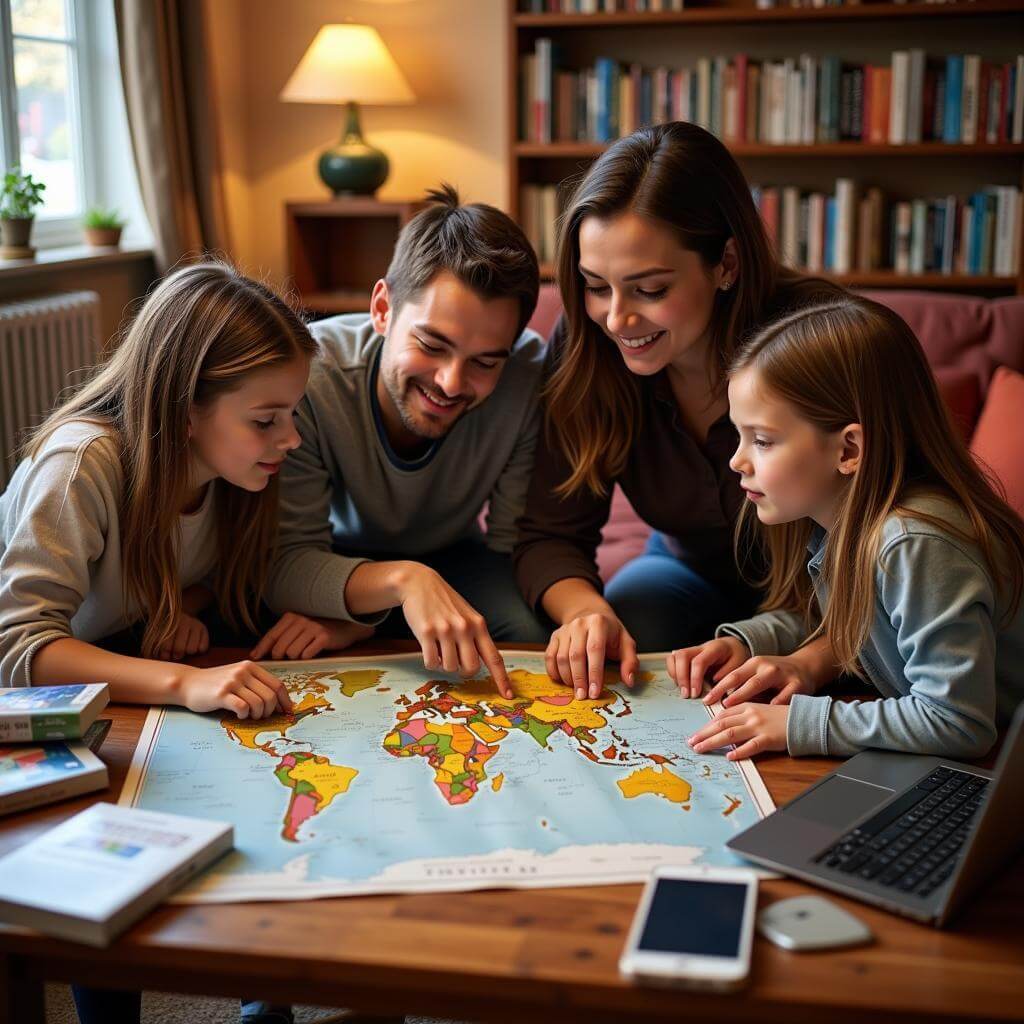 Family planning trip together in living room