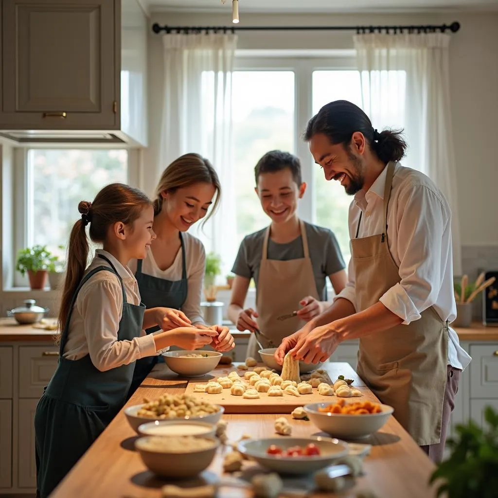 Family preparing traditional food for celebration