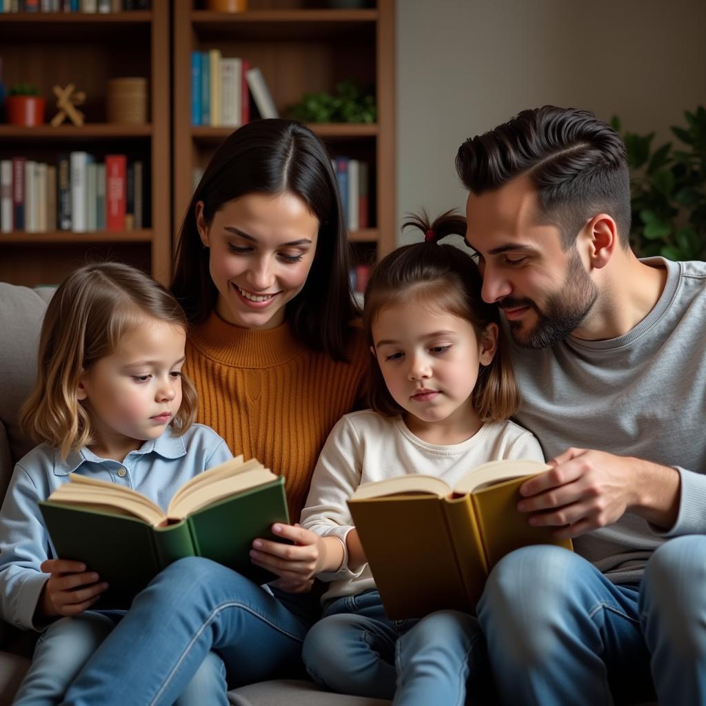 Family reading together in living room