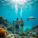 Family snorkeling in Maldives' crystal-clear waters