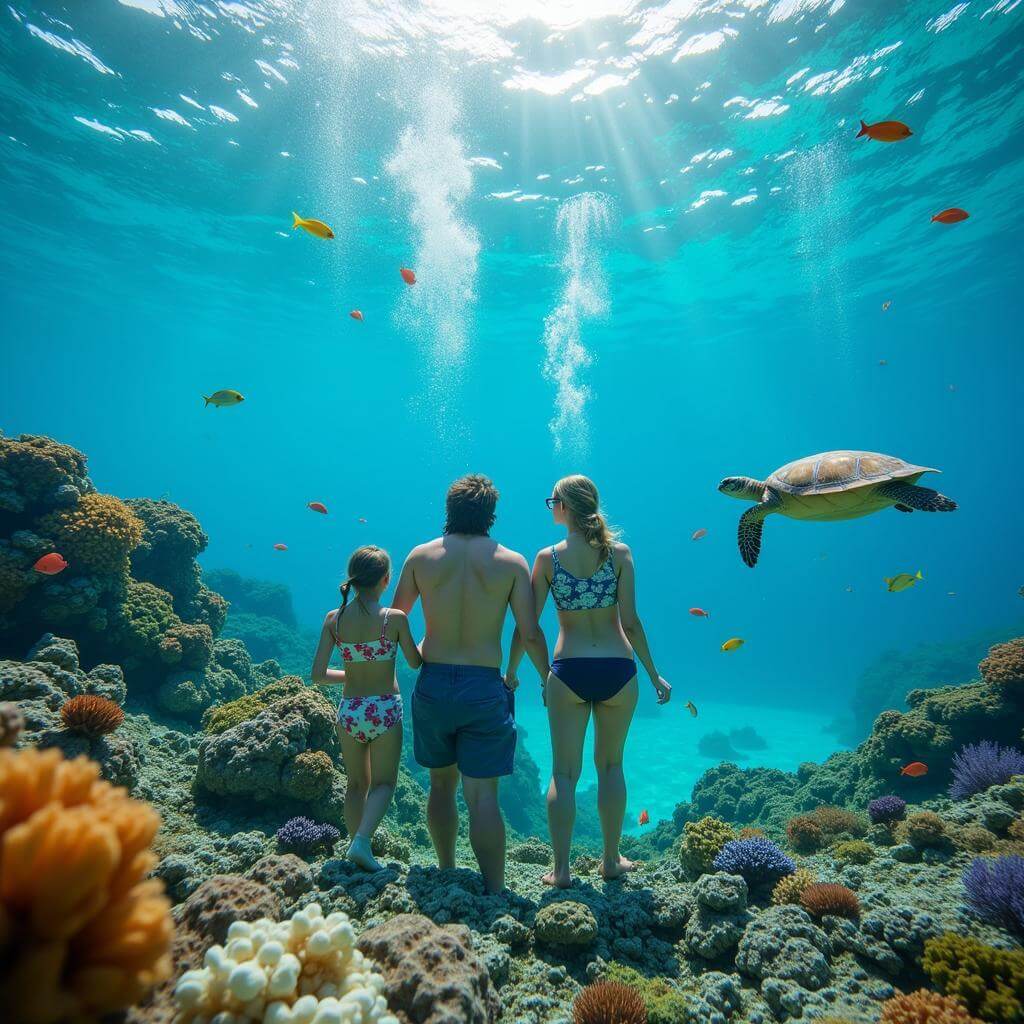 Family snorkeling in Maldives' crystal-clear waters