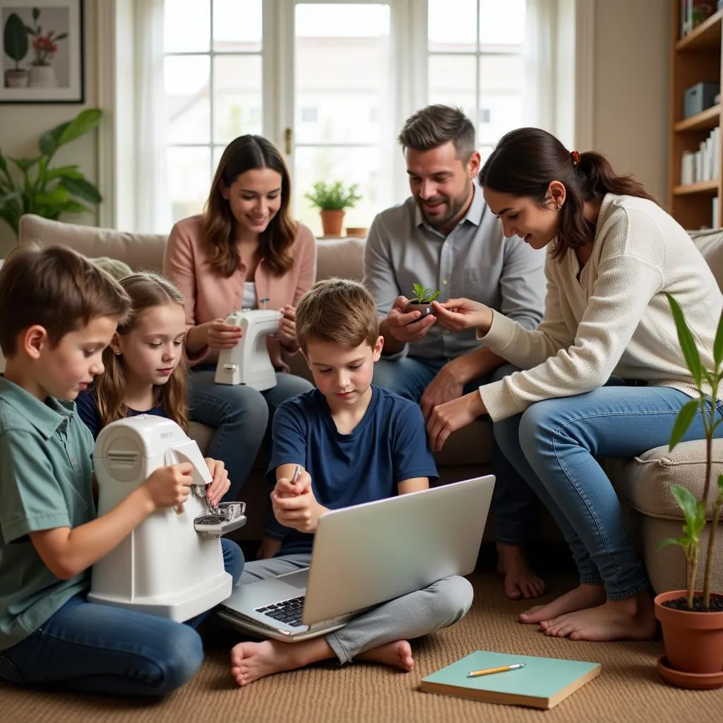 Family members teaching life skills to children