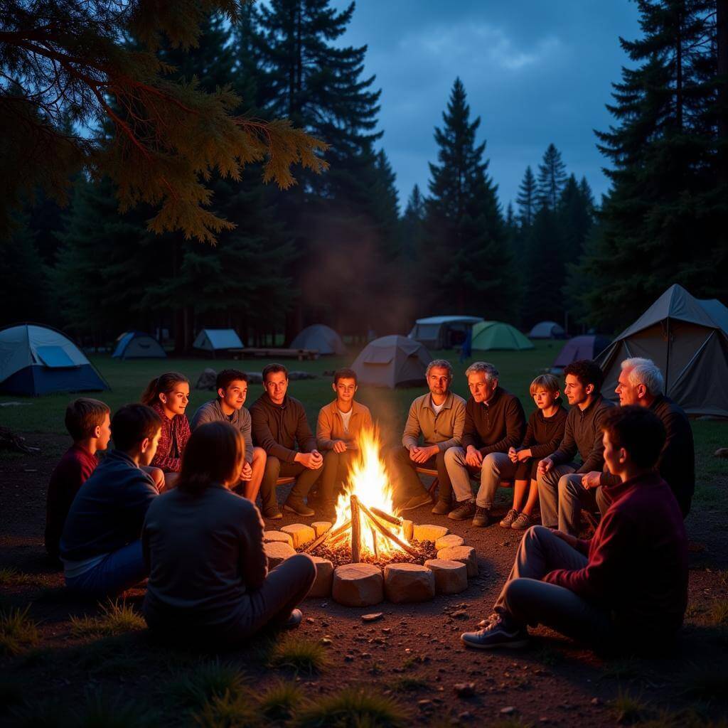 Family gathered around campfire for storytelling tradition