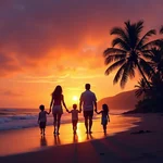 Family enjoying sunset on Bali beach