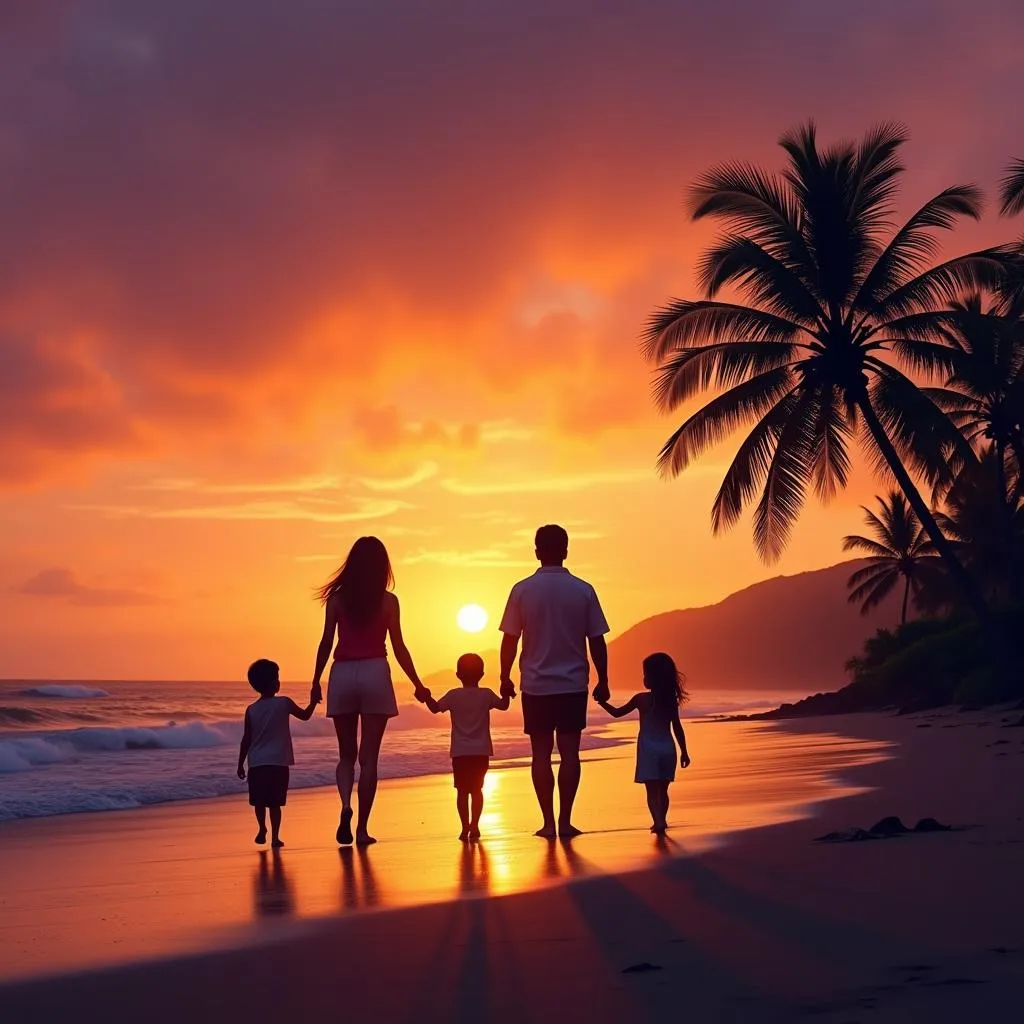 Family enjoying sunset on Bali beach