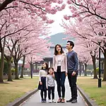 Family enjoying cherry blossoms in Japan