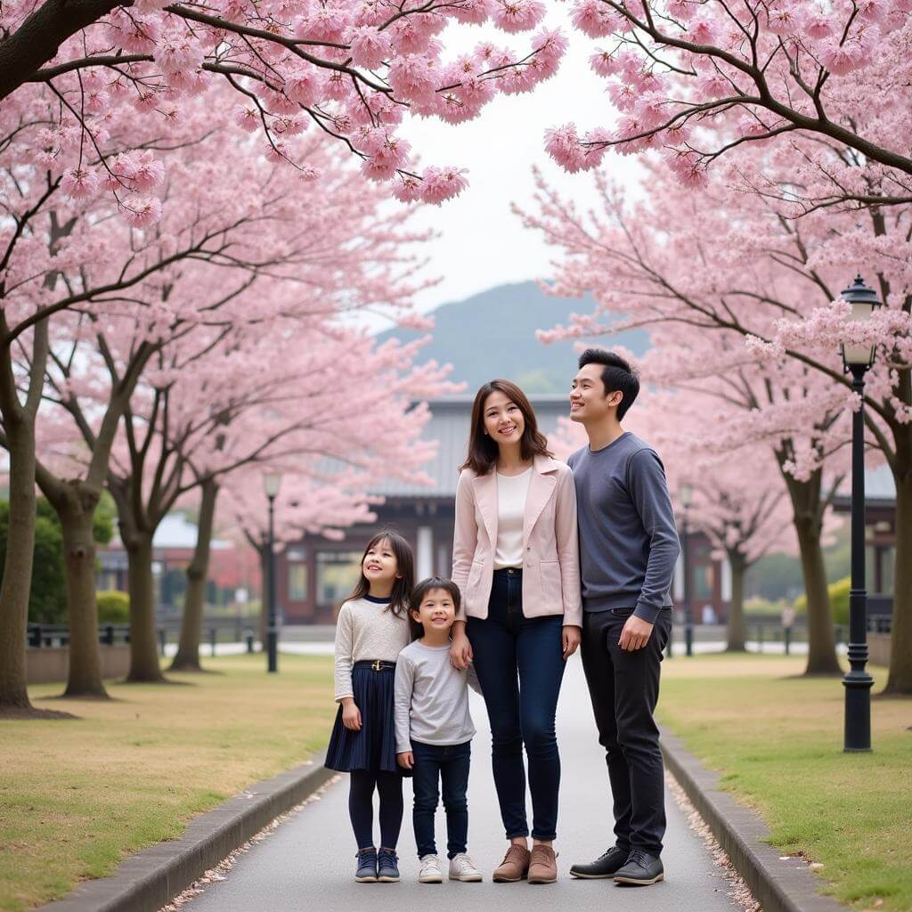 Family enjoying cherry blossoms in Japan