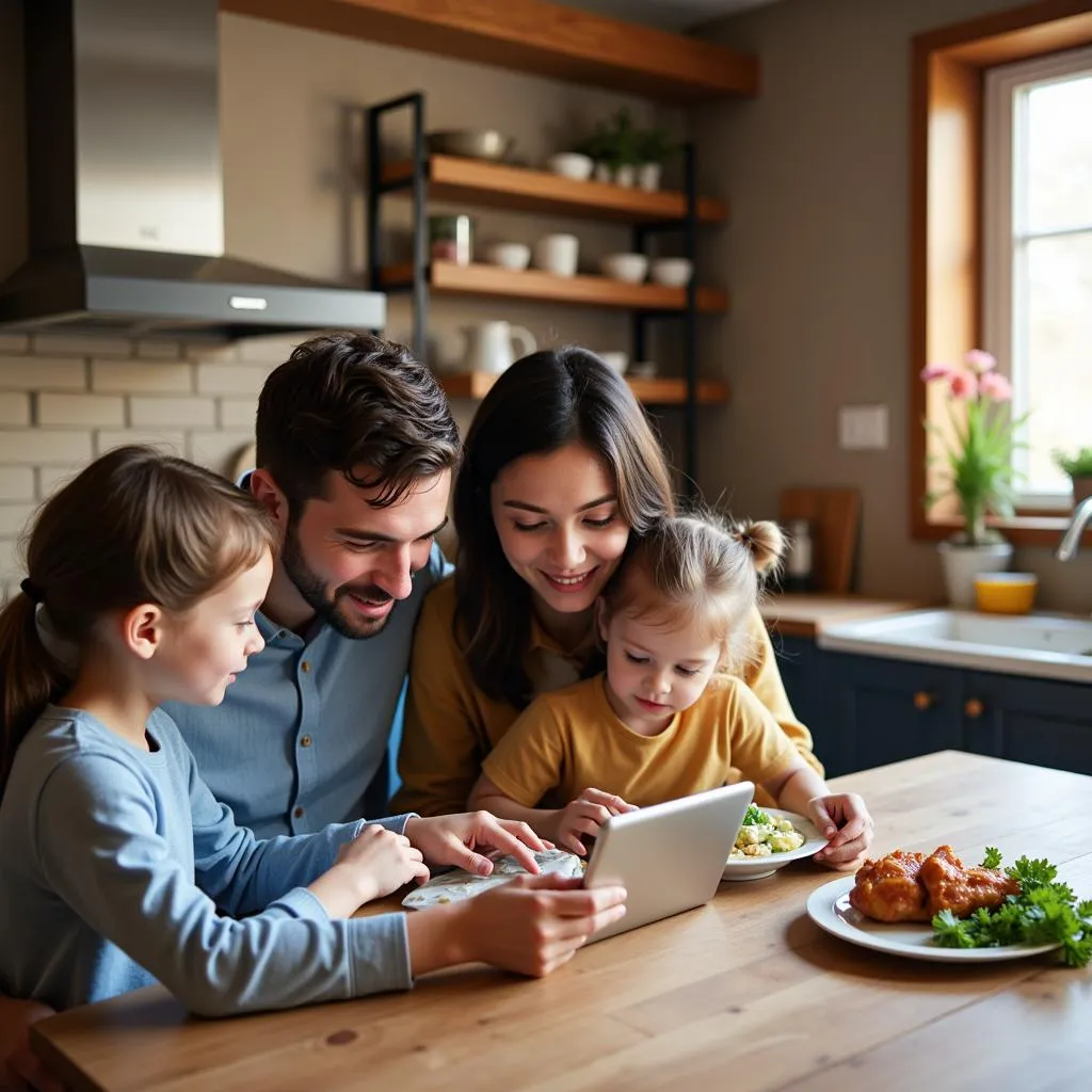 Family using a meal planning app on a tablet