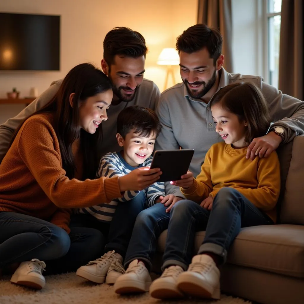 Family interacting with smart home device